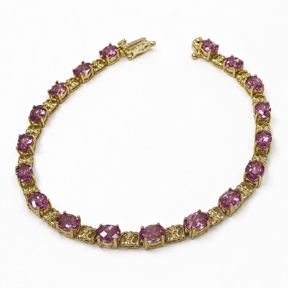 Mystic Pink Topaz 6x4 Oval Checkerboard Gemstone 10kt Gold 7.5 Inch Bracelet